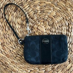 Coach Legacy Logo Signature Leather Stripe Black Canvas Wristlet.